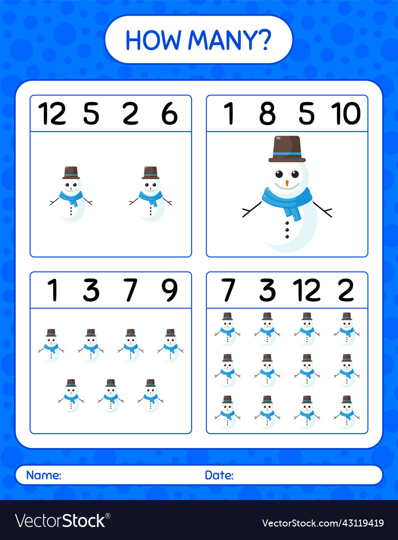 How many counting game with snowman worksheet