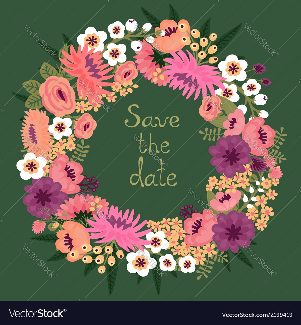 Vintage card with floral wreath save the date