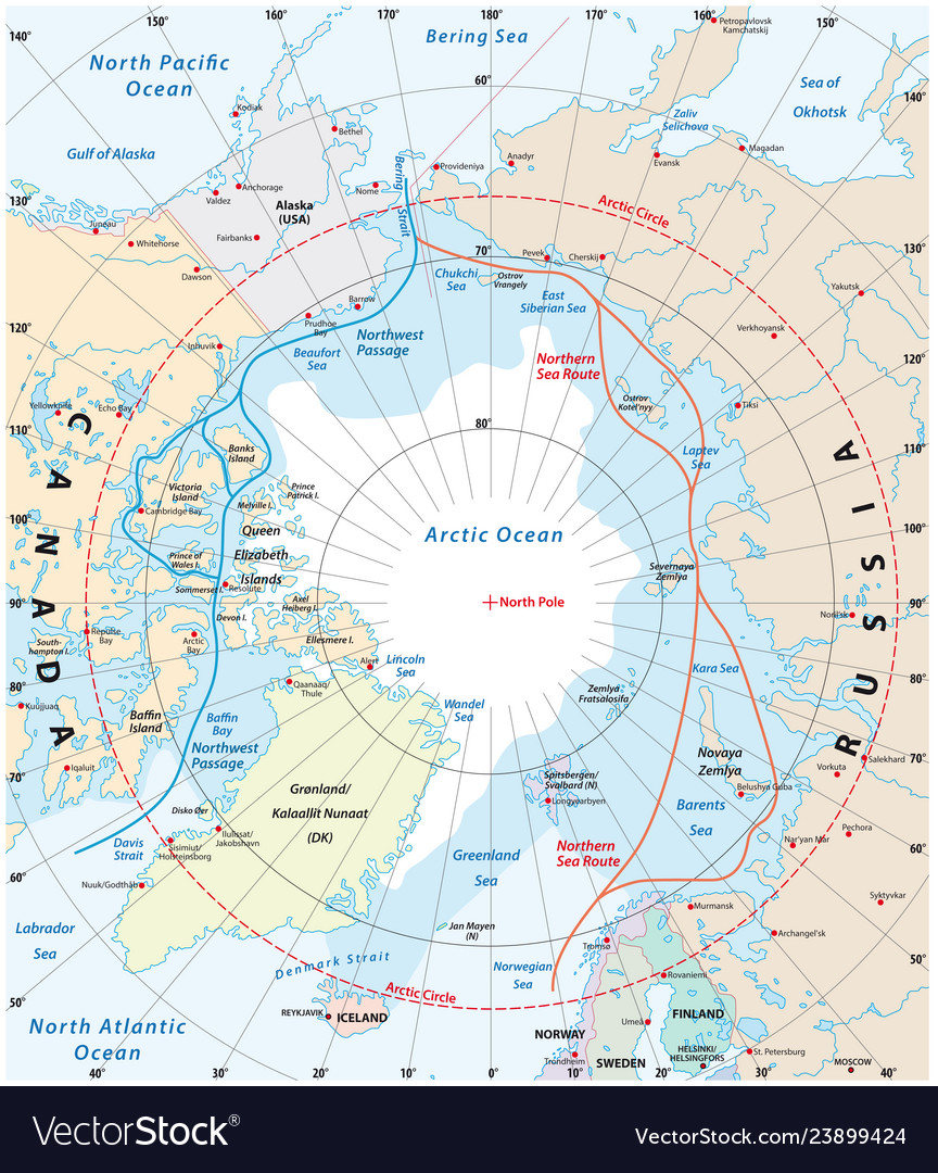 Map arctic region northwest passage Royalty Free Vector