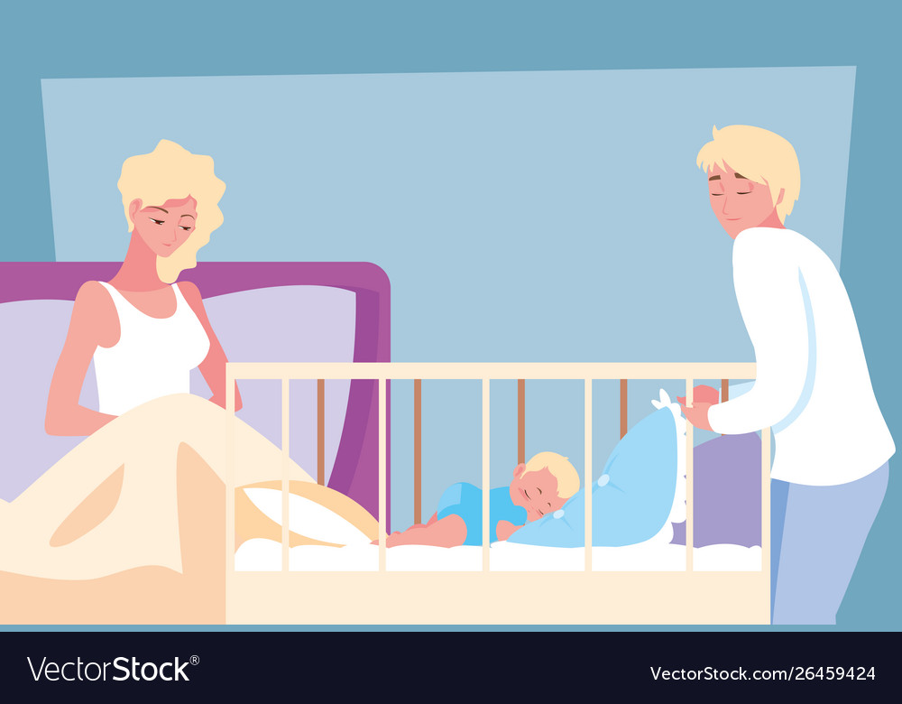 Mom in bed and baby in crib with dad observing Vector Image