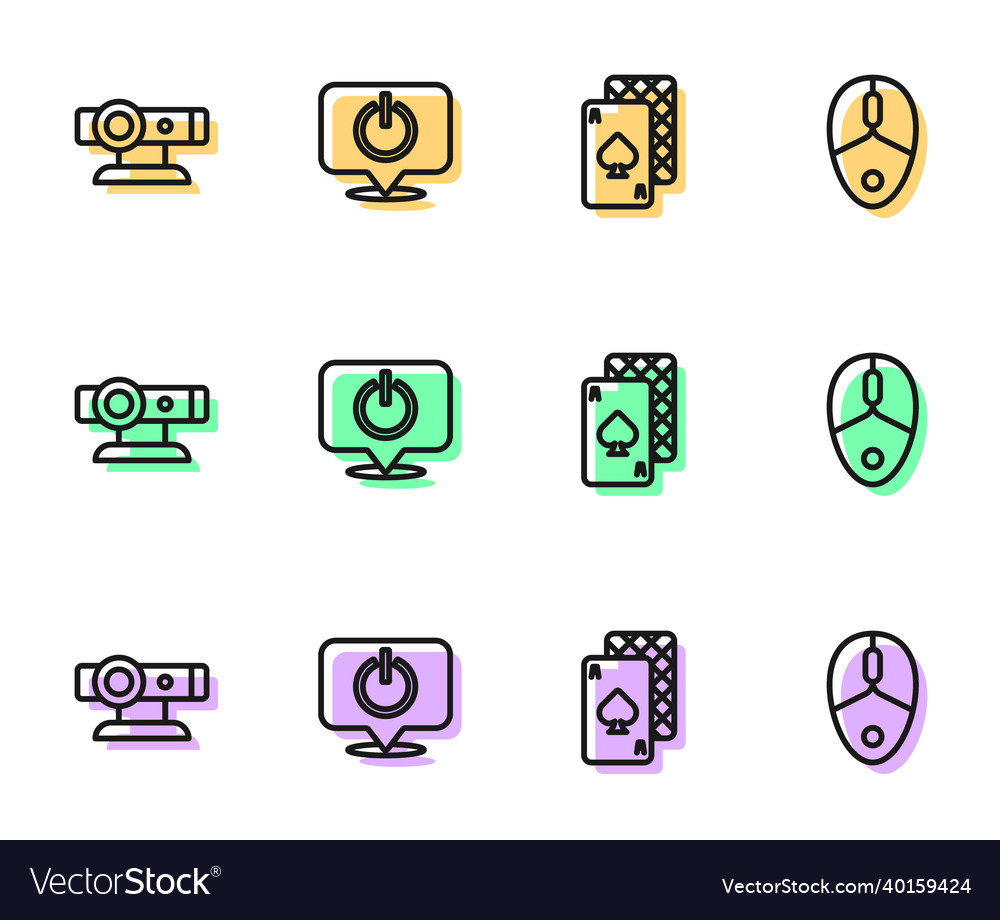 Set line playing cards web camera power button vector image Set line playing cards web camera power button