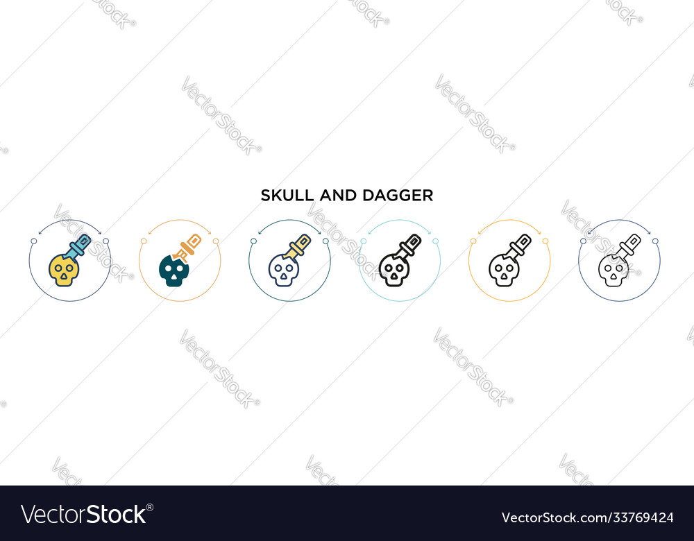 Skull and dagger icon in filled thin line outline