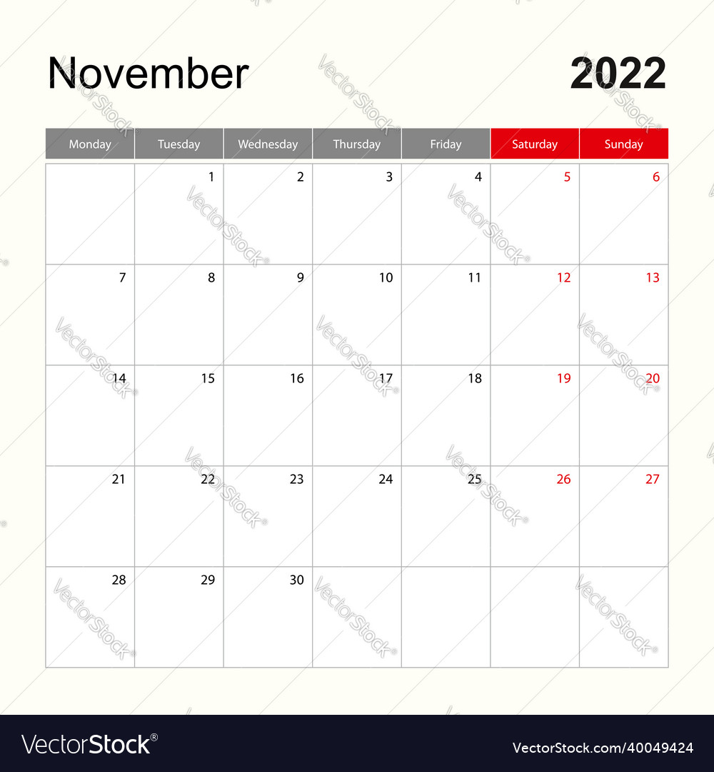 Wall calendar template for november 2022 holiday
