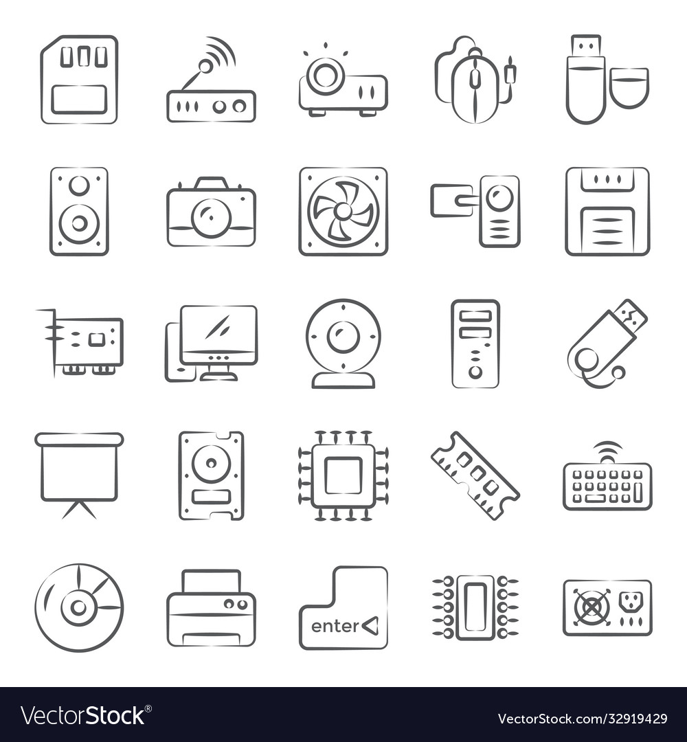 Computer hardware icons in modern linear style pa