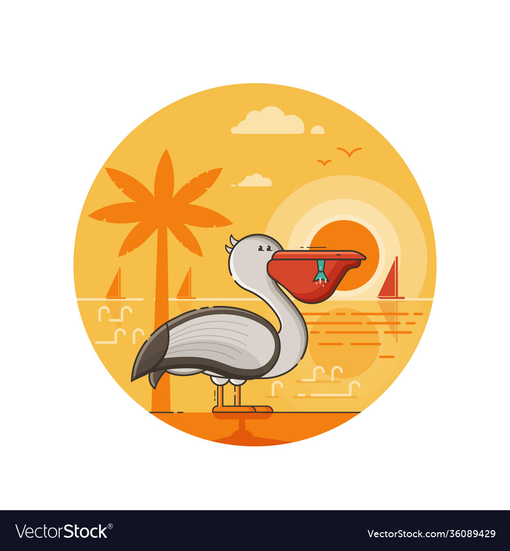 Summer pelican seaside icon in line art Royalty Free Vector