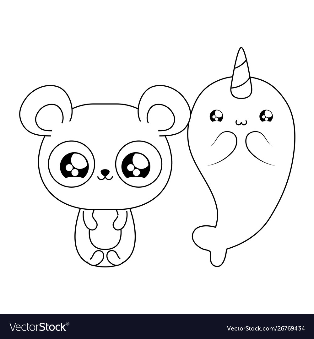 Niedlicher Narwal mit Panda Bär Baby Tiere kawaii vector image Niedlicher Narwal mit Panda Bär Baby Tiere kawaii