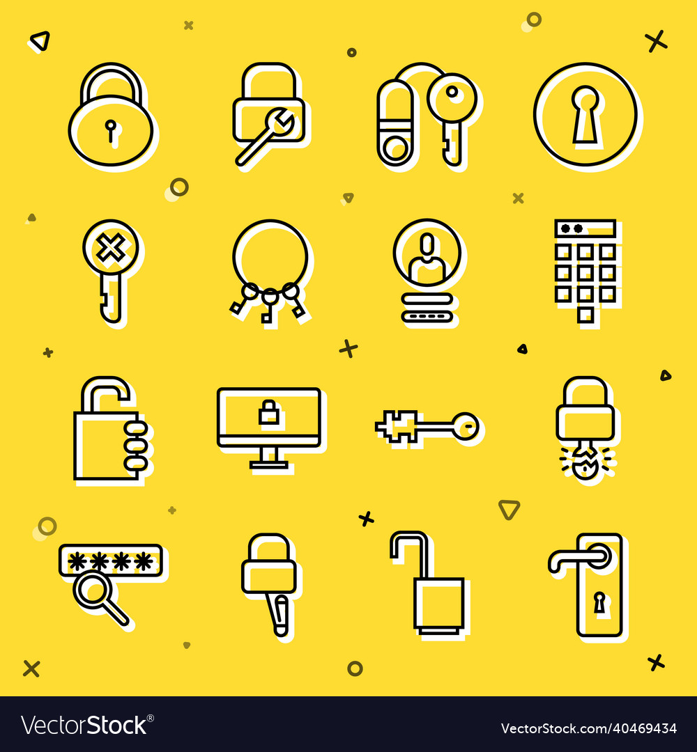 Set line door handle key broke inside of padlock vector image Set line door handle key broke inside of padlock