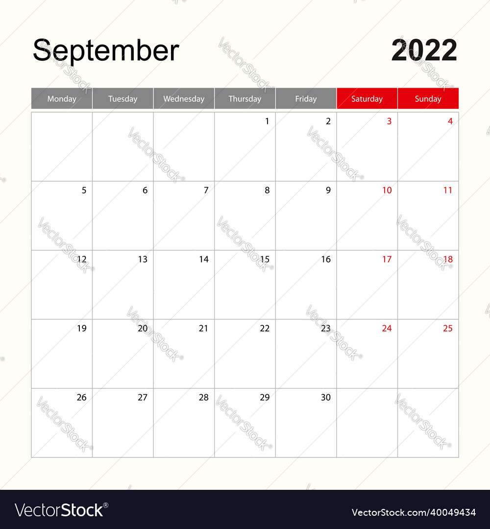 Wandkalender Vorlage für September 2022 Urlaub