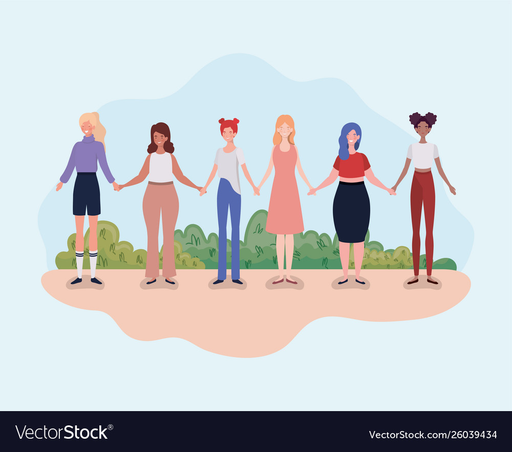 Young women group standing in camp