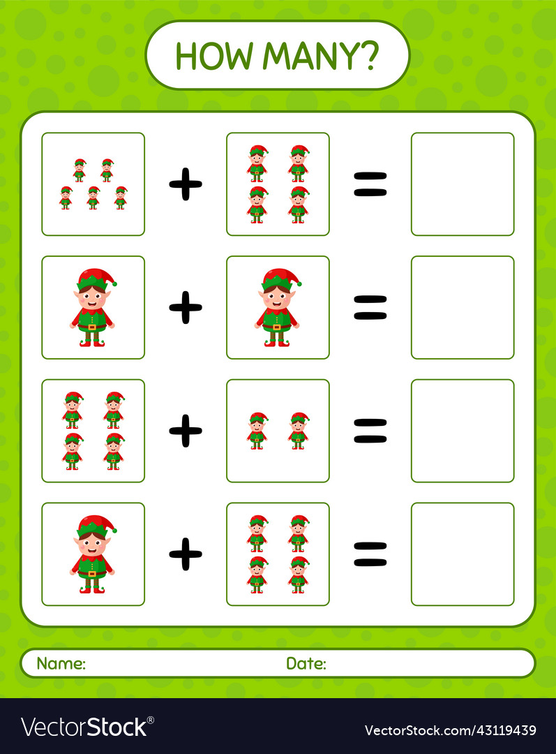 How many counting game with elf worksheet Vector Image How many counting game with elf worksheet