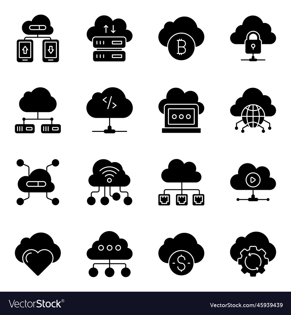 Pack of cloud computing and technology solid icons