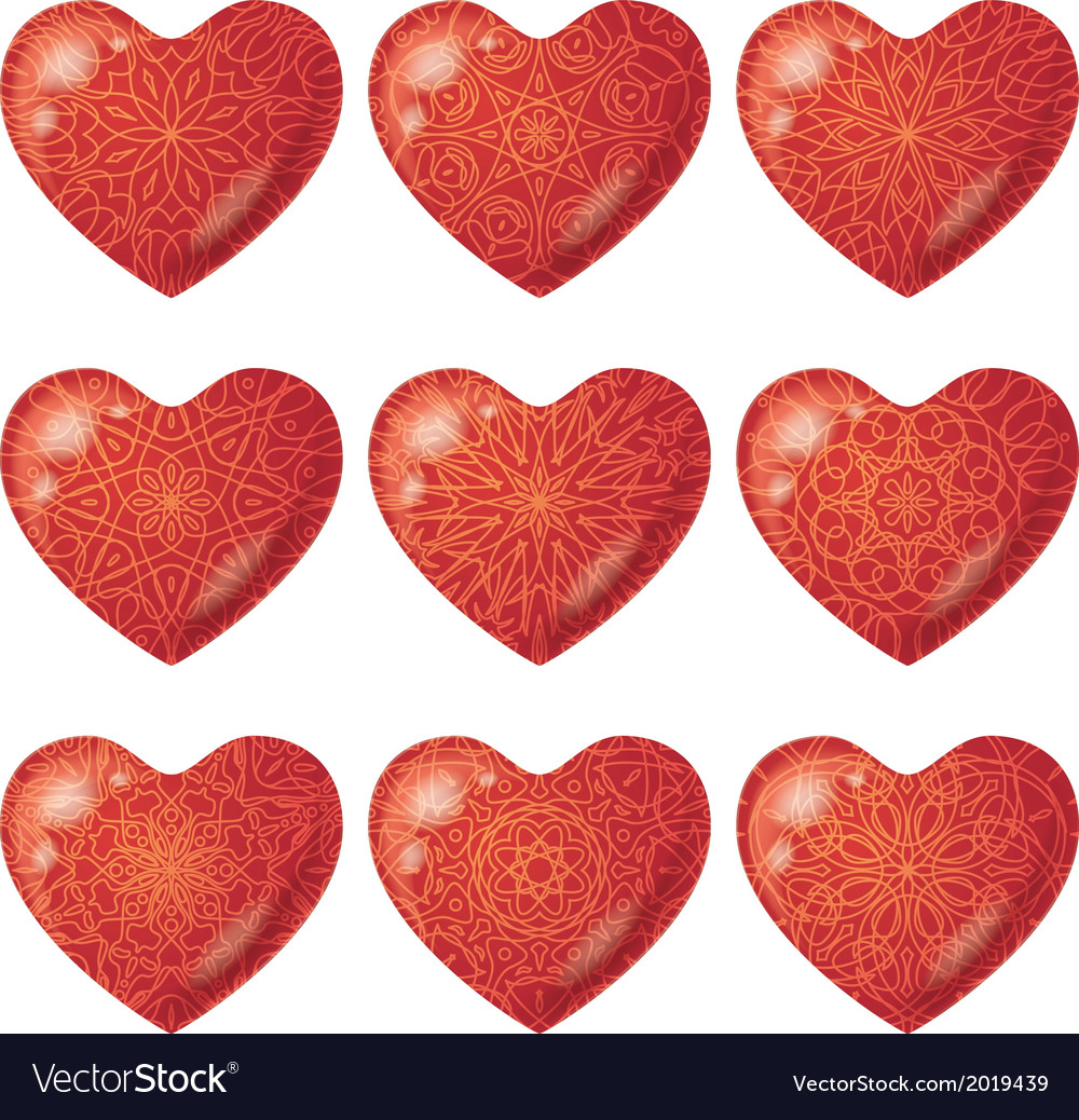 Valentine red hearts with pattern set