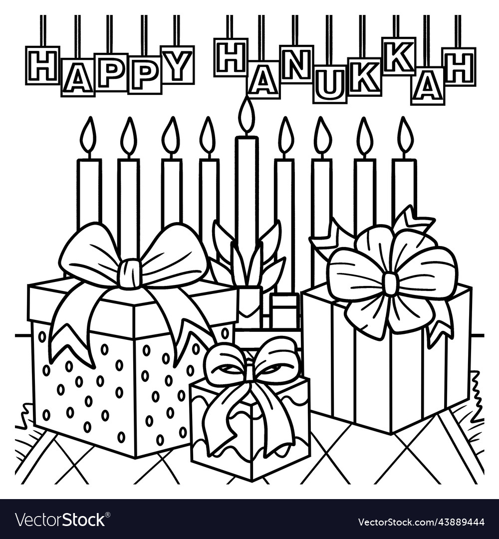 Happy hanukkah presents and menorah coloring page Vector Image