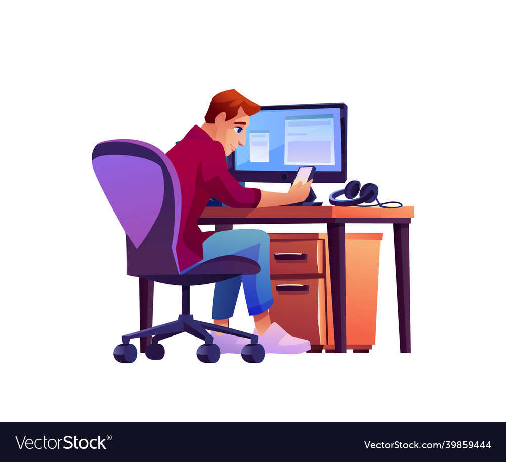 Man at workplace with computer on table and phone Vector Image