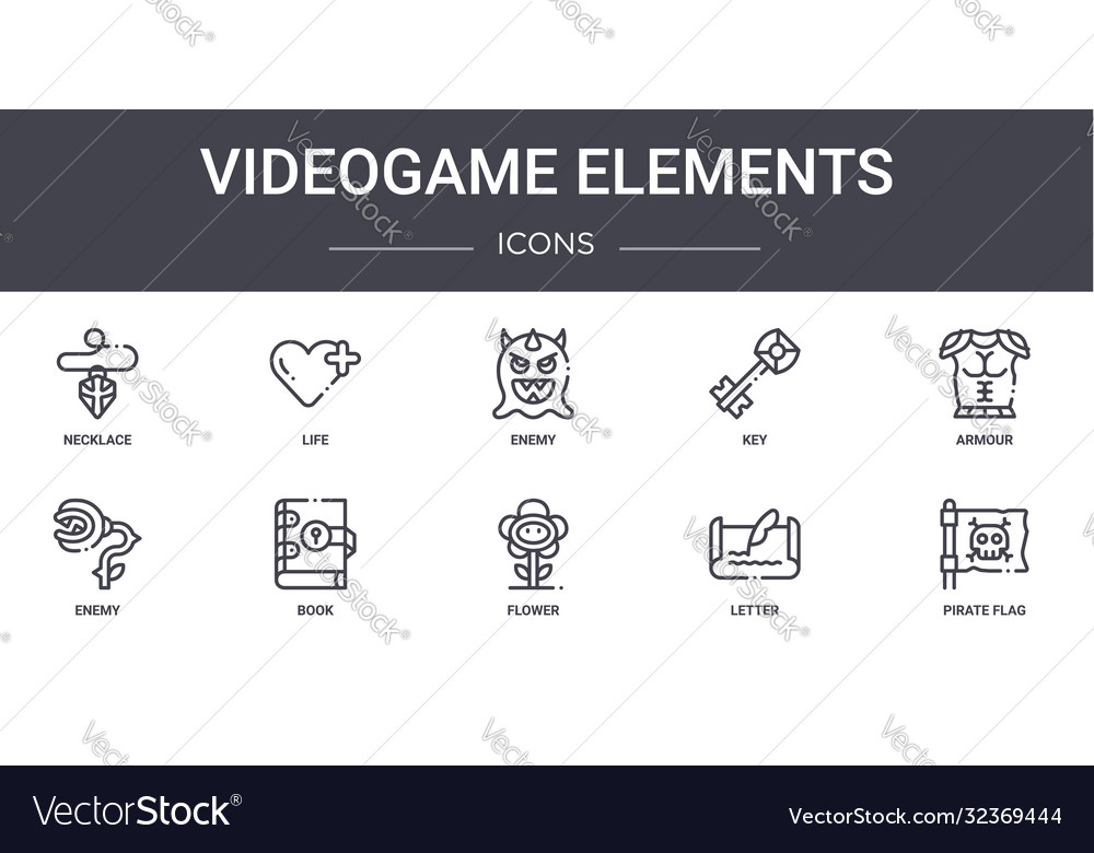 Videogame elements concept line icons set