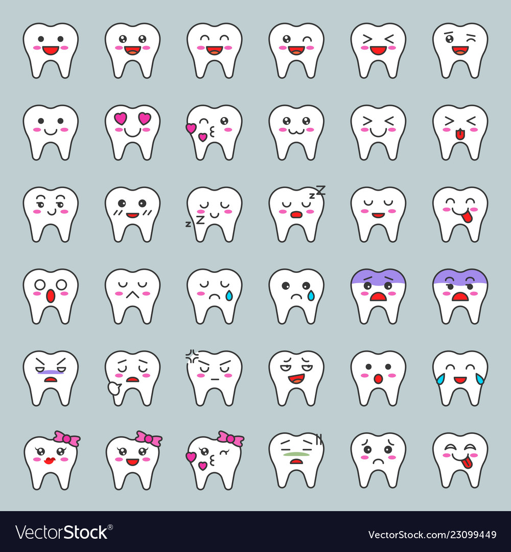 Cute tooth cartoon emoticon set filled style