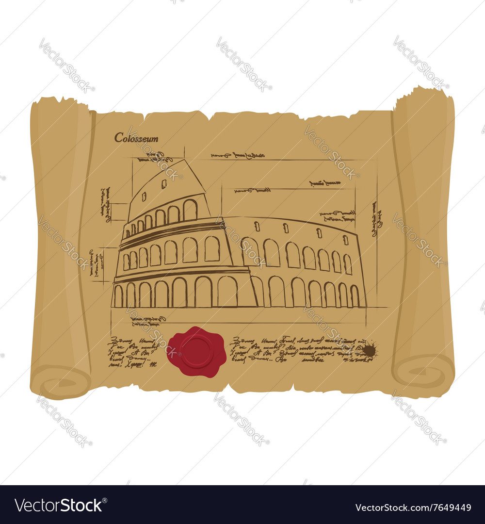 Drawing of colosseum at ancient scroll retro