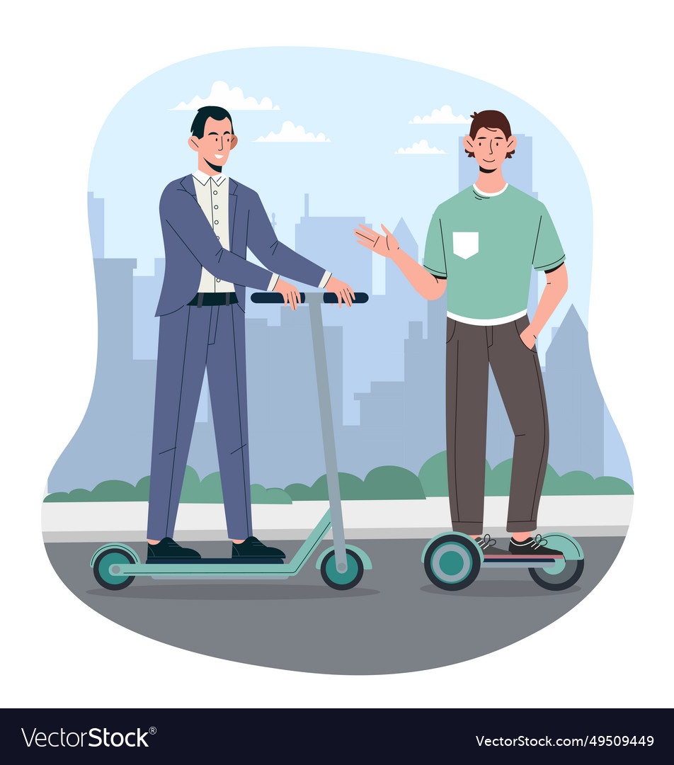 Friends ride scooters concept vector image Friends ride scooters concept
