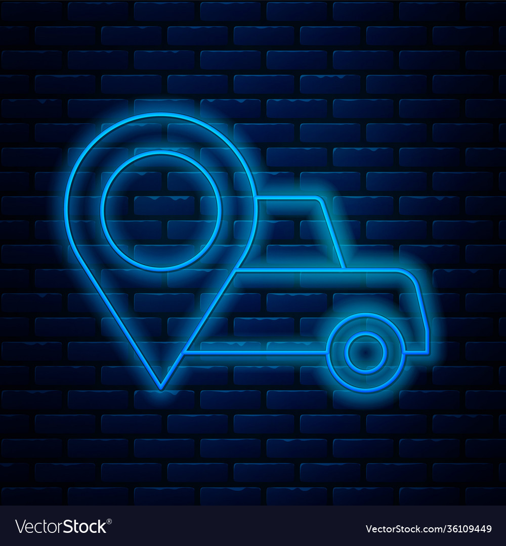 Glowing neon line map pointer with taxi icon