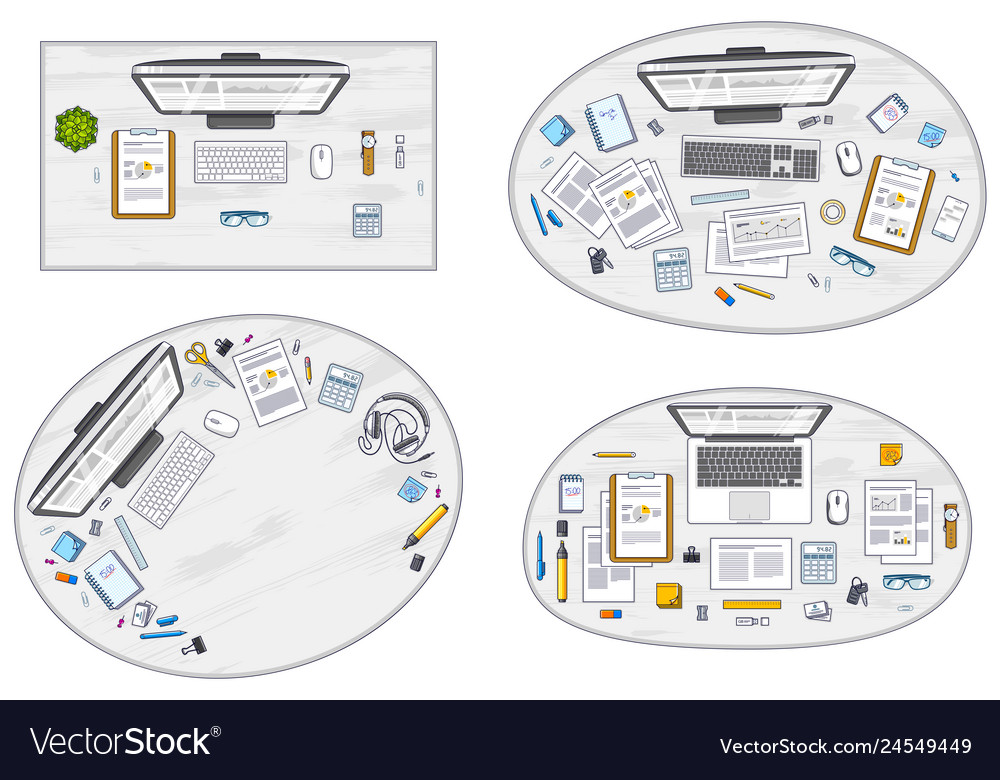 Work Desks Workspaces Top View With Pc Or Laptops Vector Image