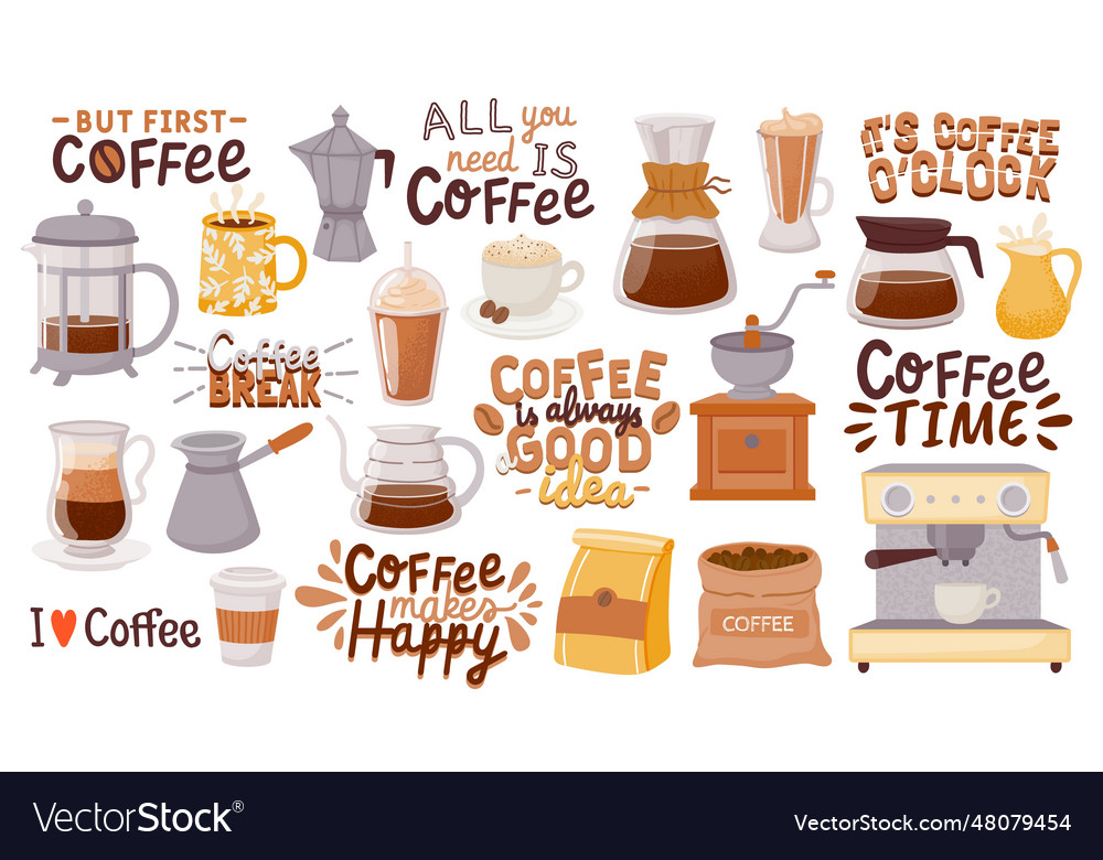 Coffee quotes and cups morning breakfast hot Vector Image