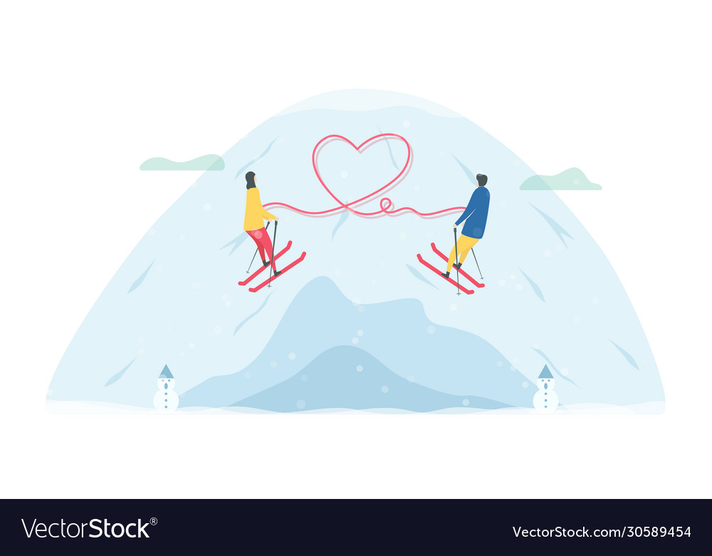 Romantic adults couple play ski character design