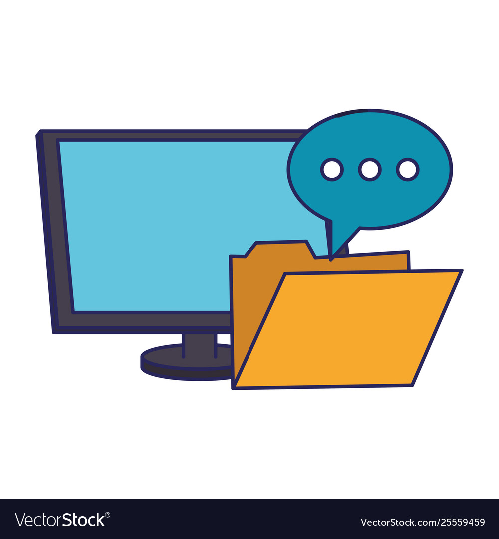 Computer and folder with chat bubble blue lines