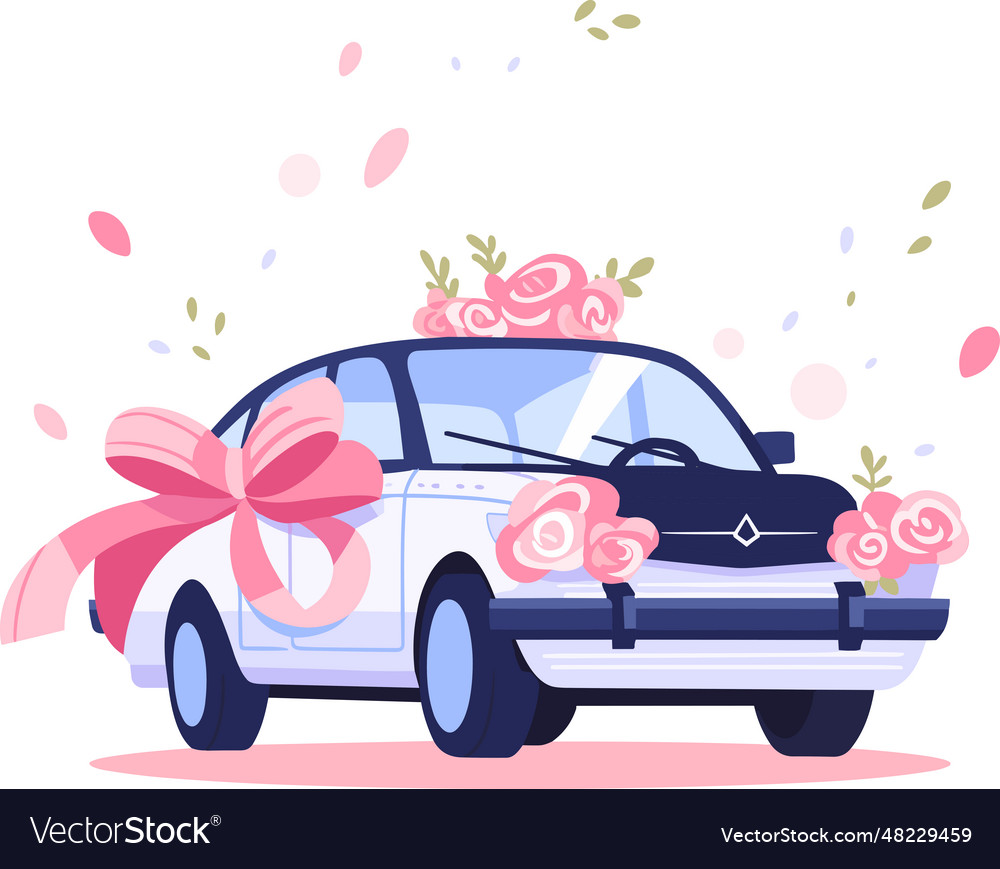 Hand drawn wedding car with flowers in flat style