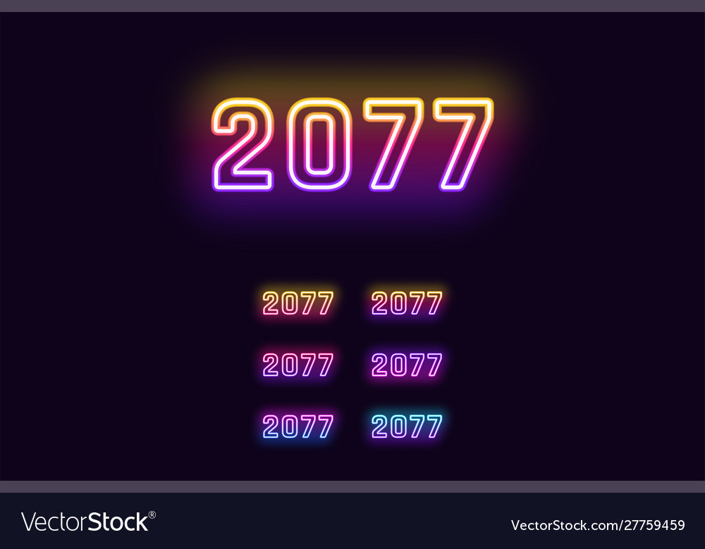 Neon number 2077 cyberpunk digits in different