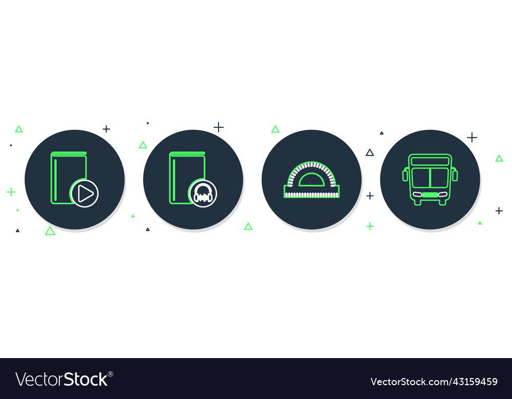 Set line audio book protractor grid and bus icon vector image Set line audio book protractor grid and bus icon