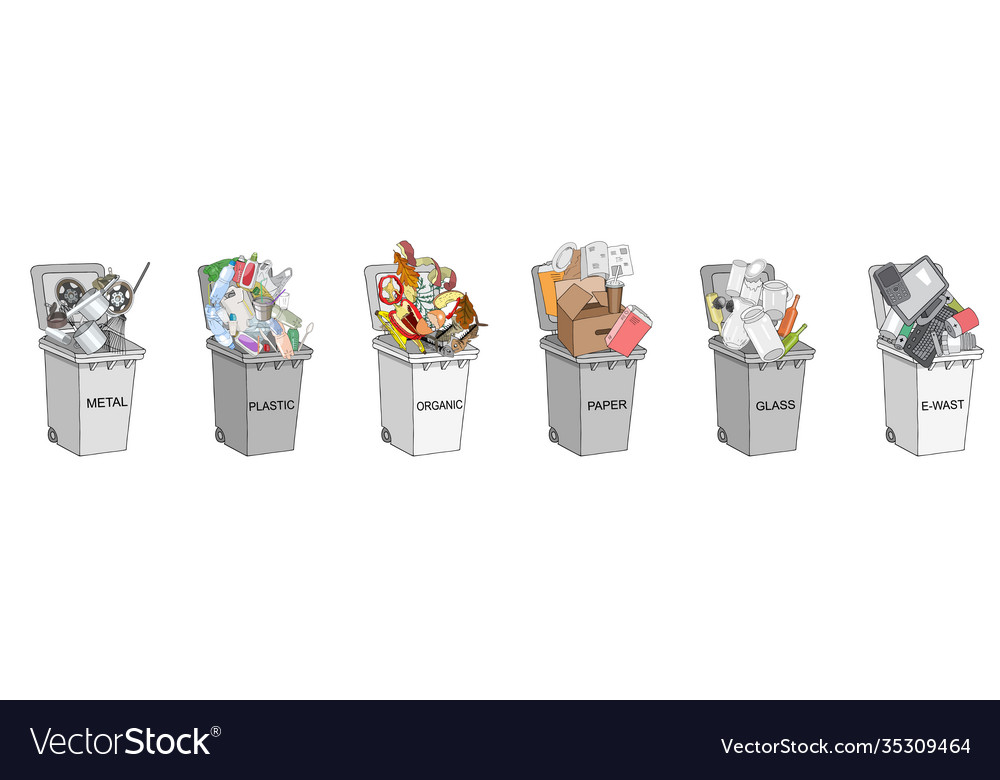 Trash cans with sorted garbage set different vector image Trash cans with sorted garbage set different
