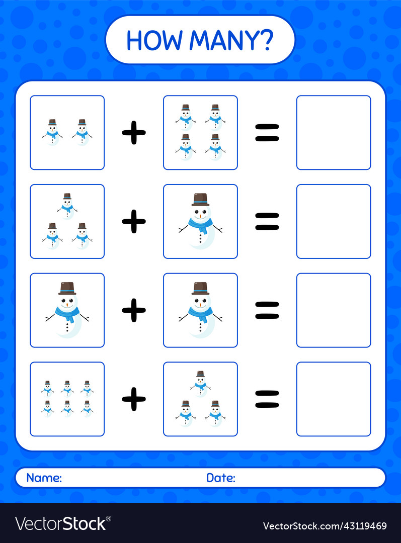 How many counting game with snowman worksheet Vector Image How many counting game with snowman worksheet