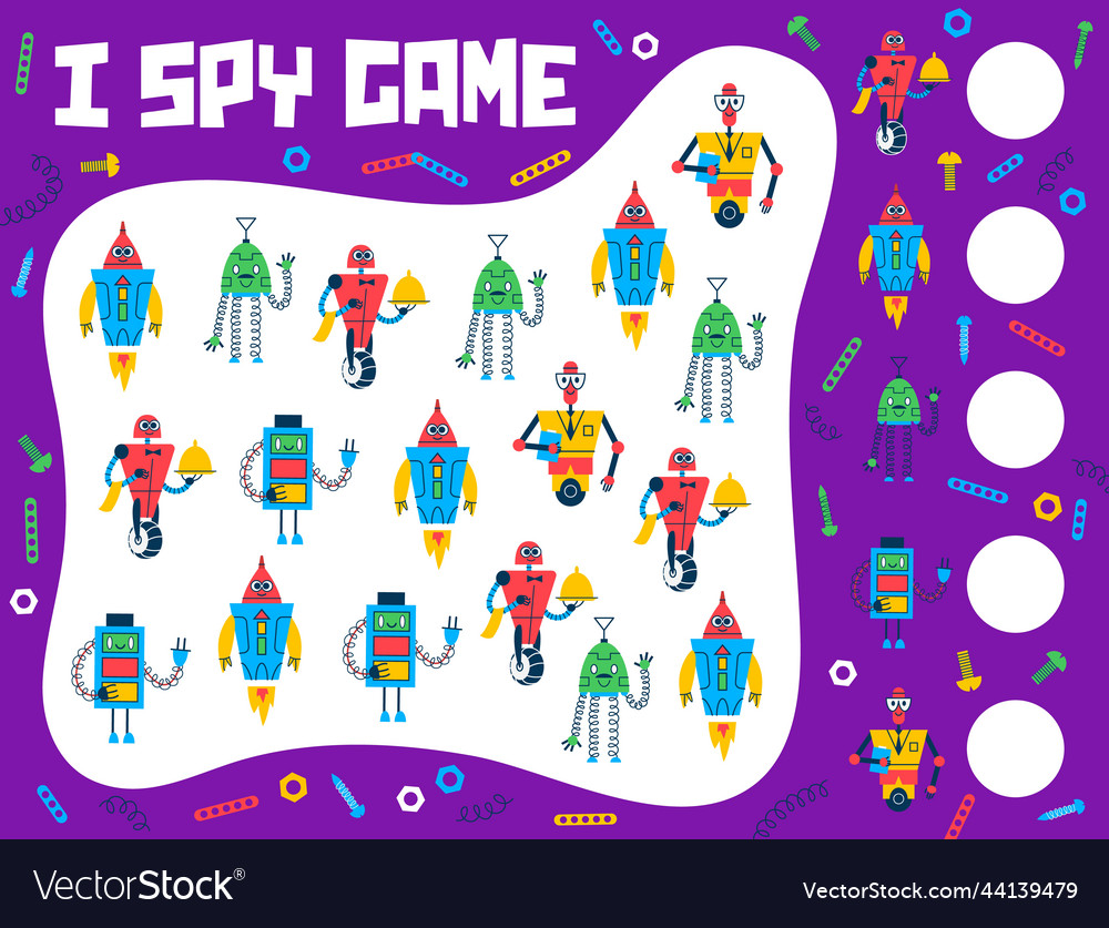 I spy game quiz with cartoon robots and droids vector image I spy game quiz with cartoon robots and droids