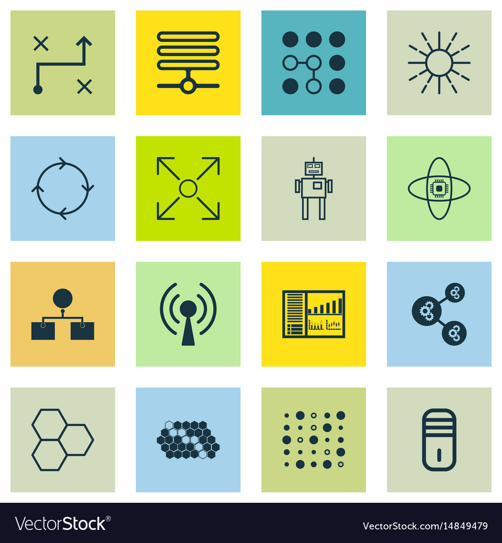 Set of 16 robotics icons includes cyborg