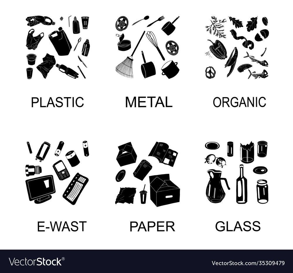 Trash cans with sorted garbage set different