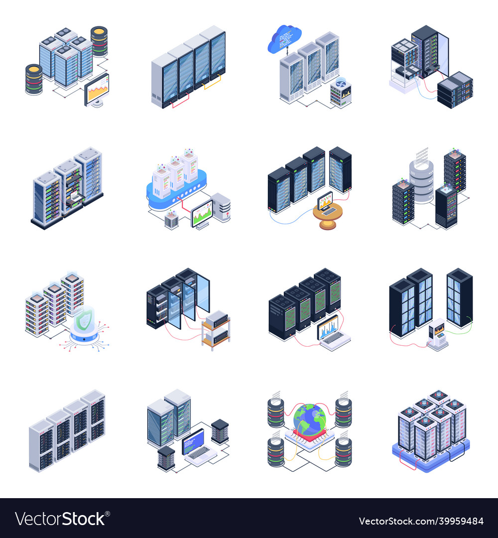 Isometric icons of data storage servers in modern Vector Image