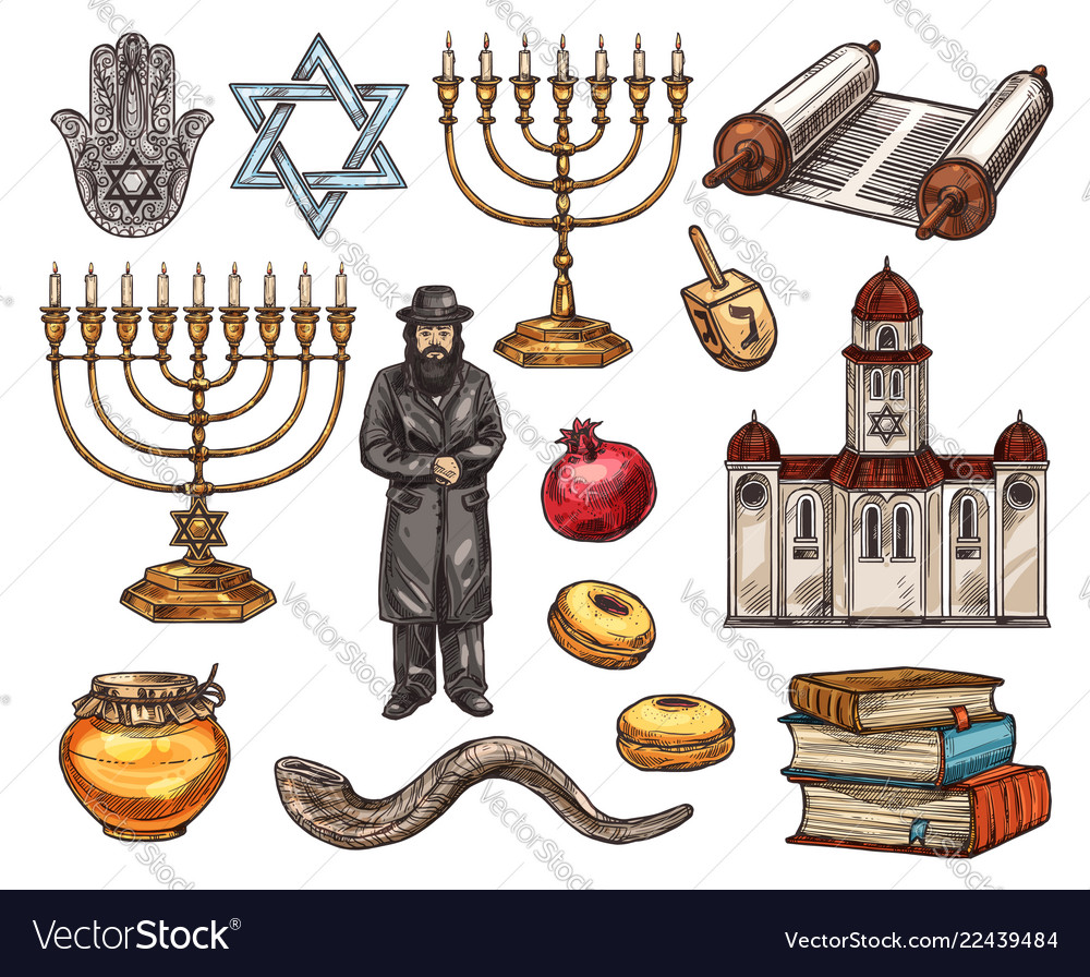 Judaism Religion Symbols Isolated Sketch Vector Image