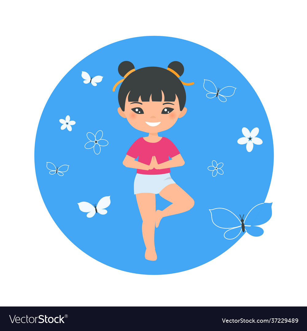 Cute chinese chibi girl doing yoga on blue