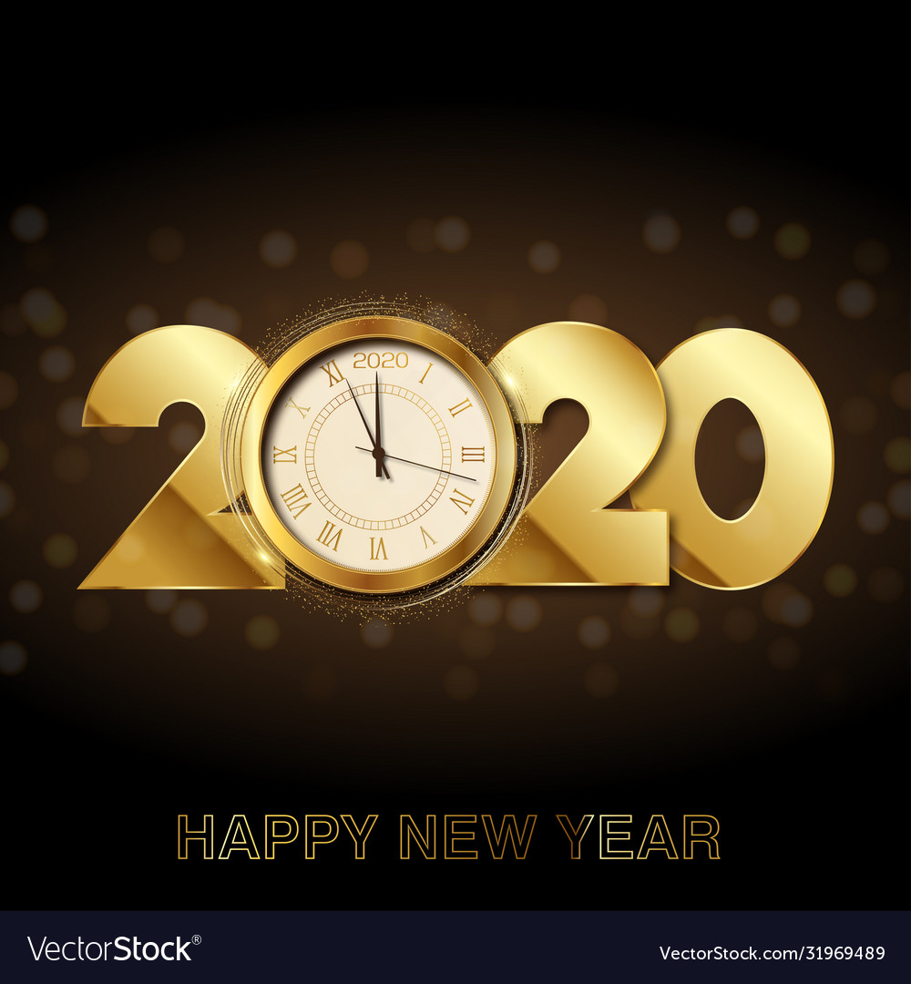 Happy new year card with gold clock 2020 Vector Image