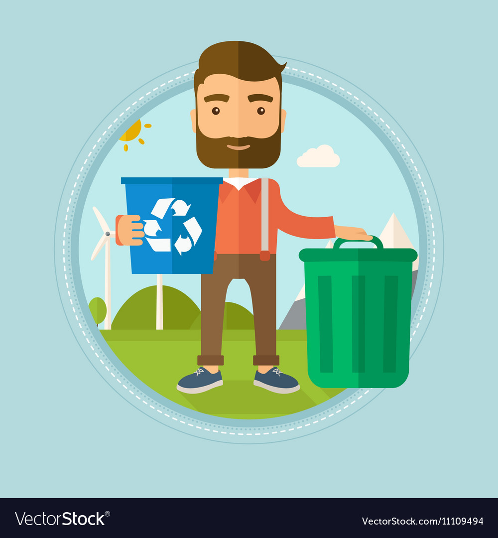Man with recycle bin and trash can