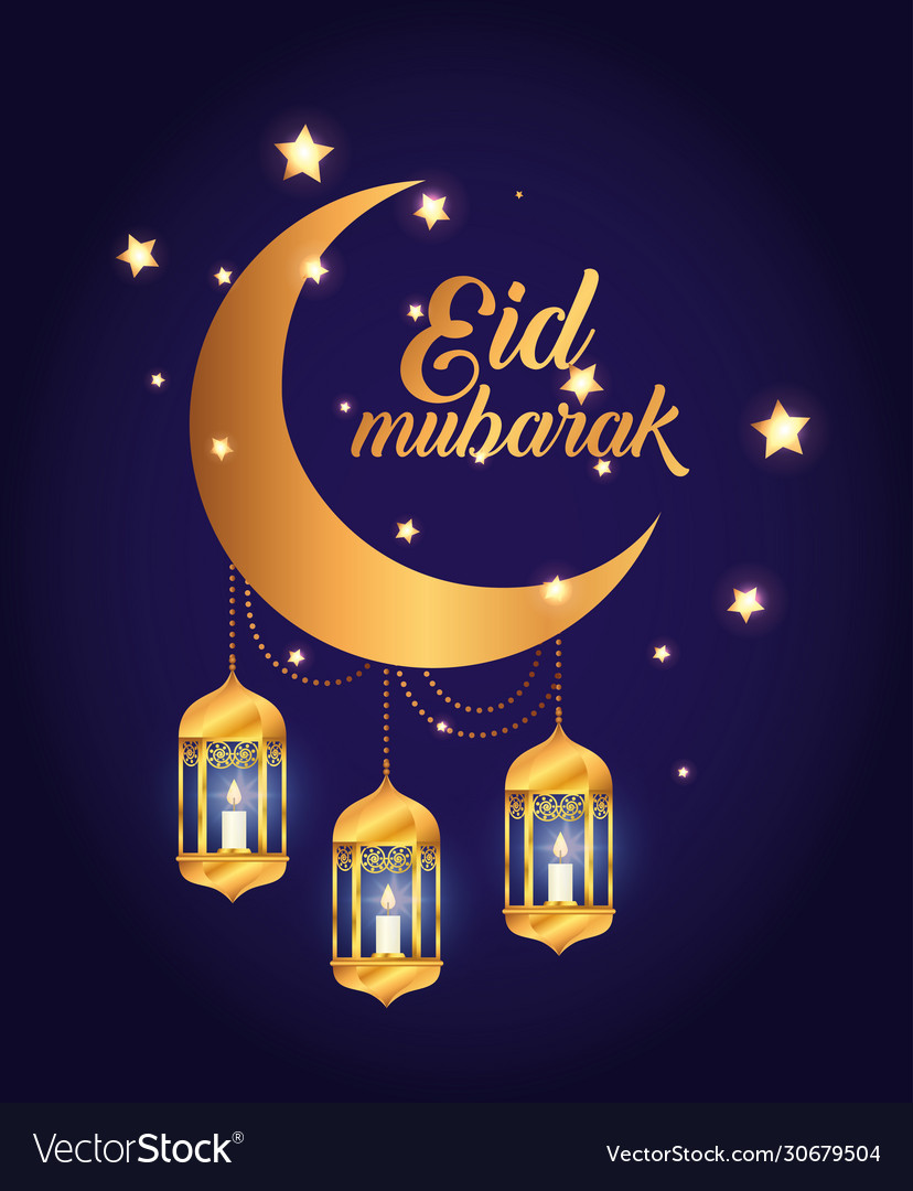 Eid mubarak poster with moon and lanterns hanging Vector Image