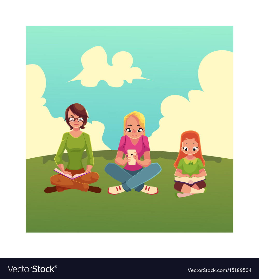 Set of girls reading books and using mobile phone