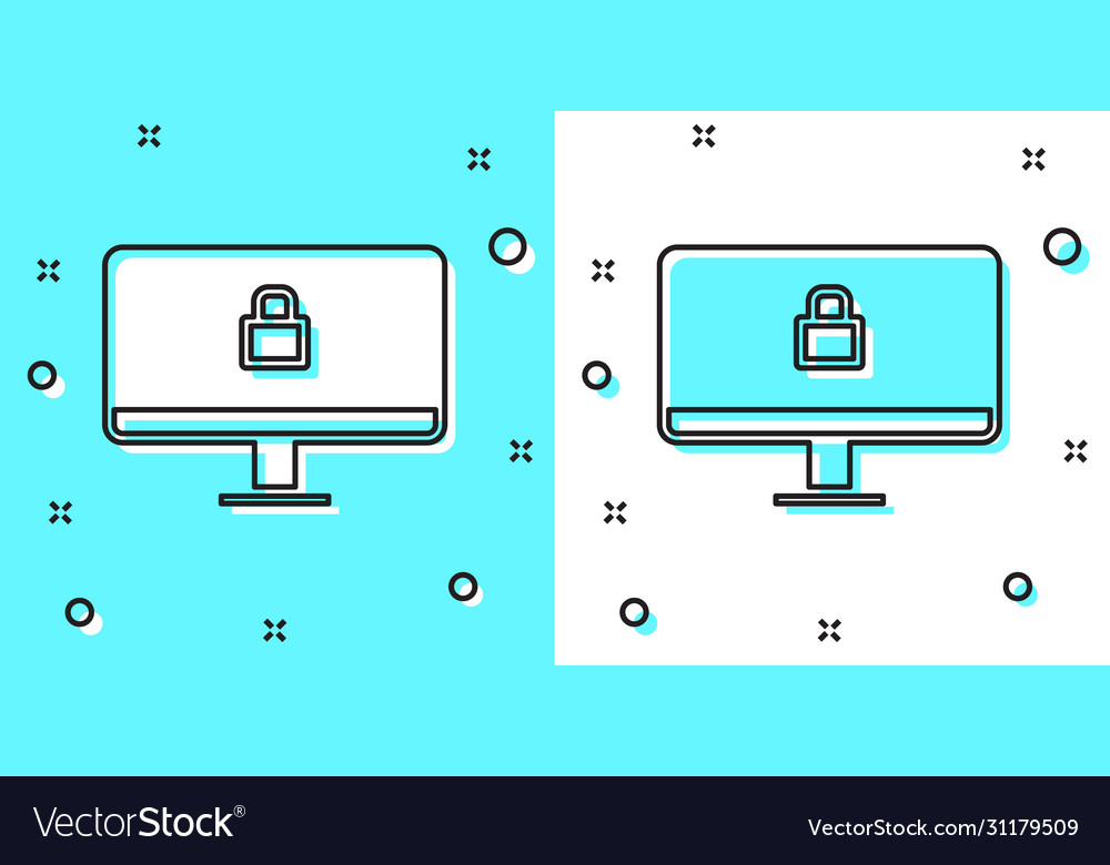 Black line lock on computer monitor screen icon vector image Black line lock on computer monitor screen icon