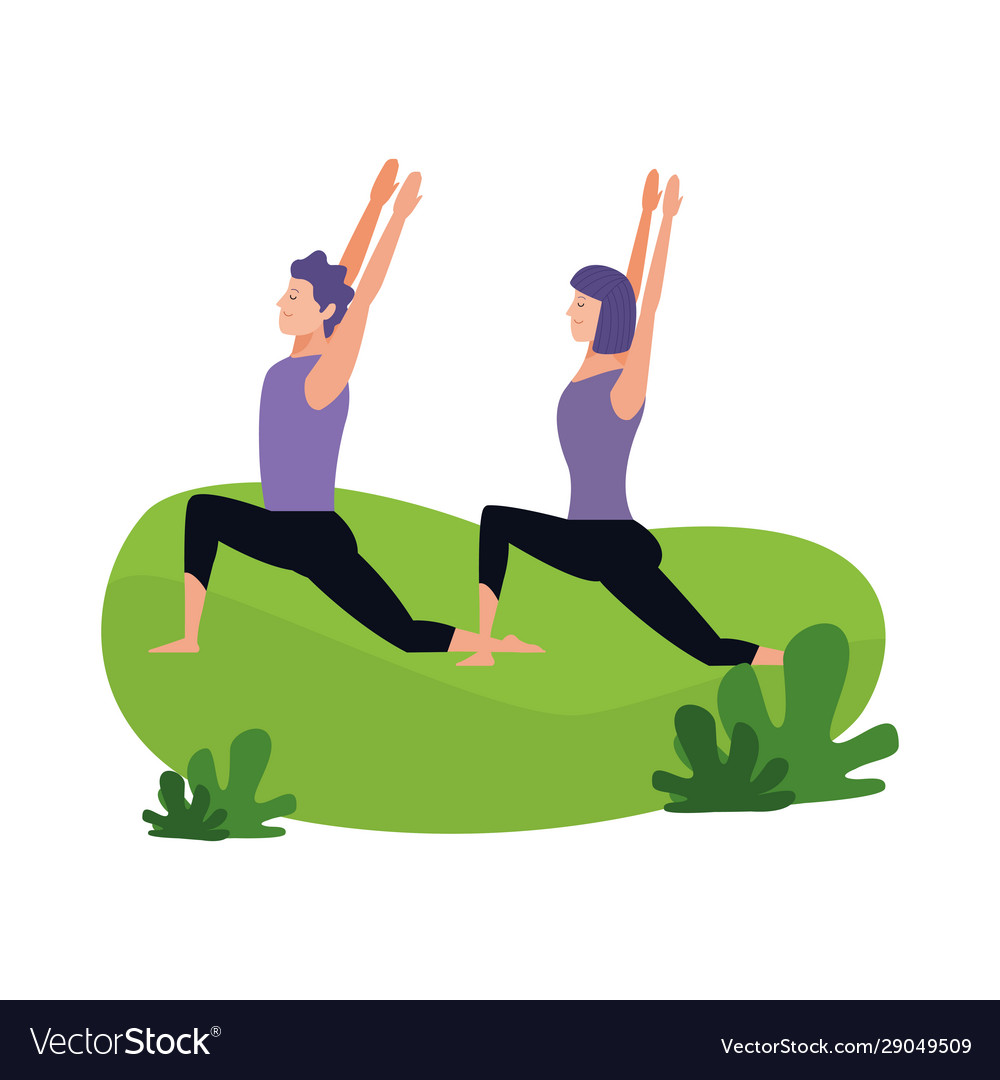 Couple Practicing Yoga Outdoors Colorful Design Vector Image