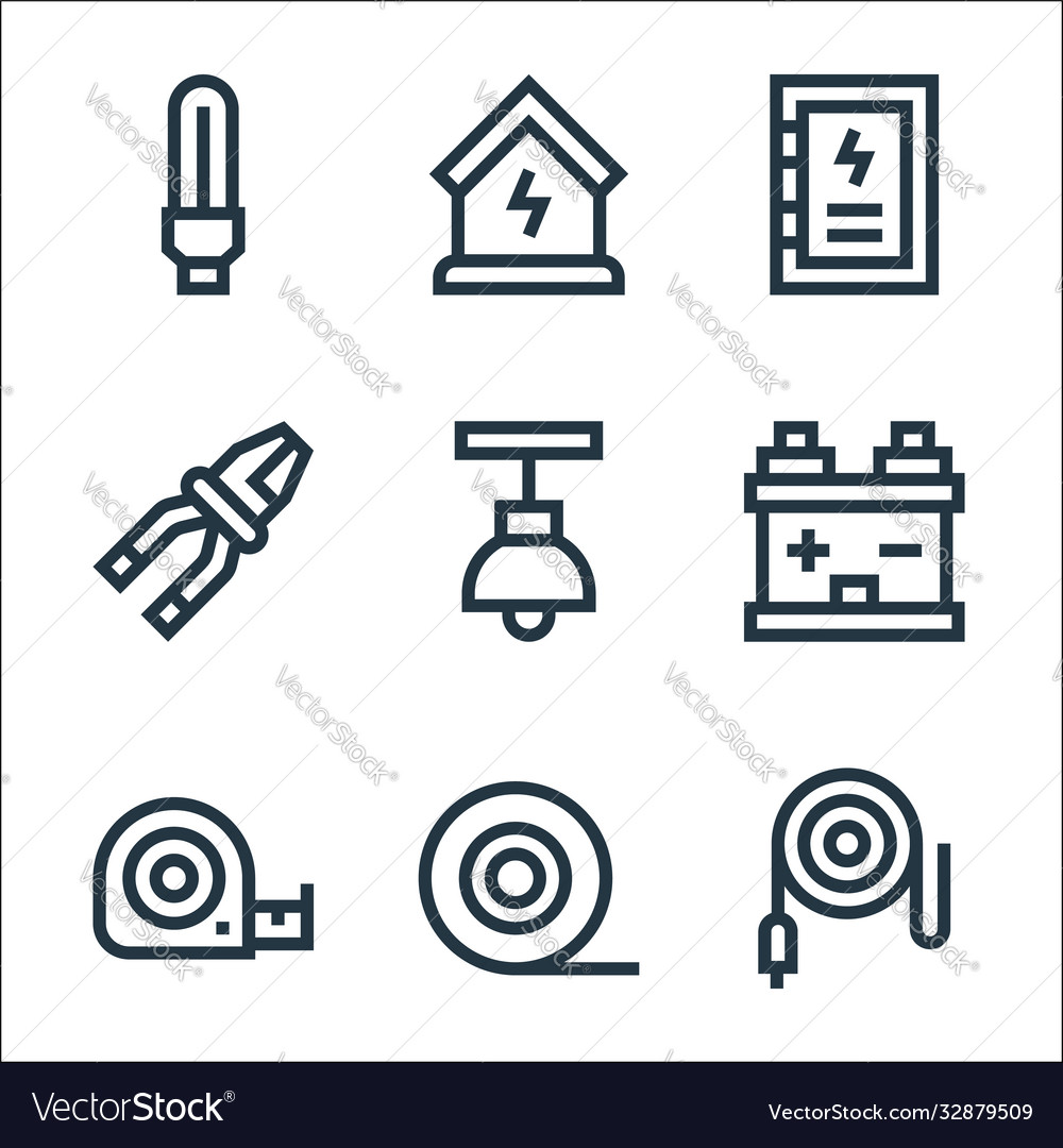 Electrician tools and line icons linear set vector image Electrician tools and line icons linear set