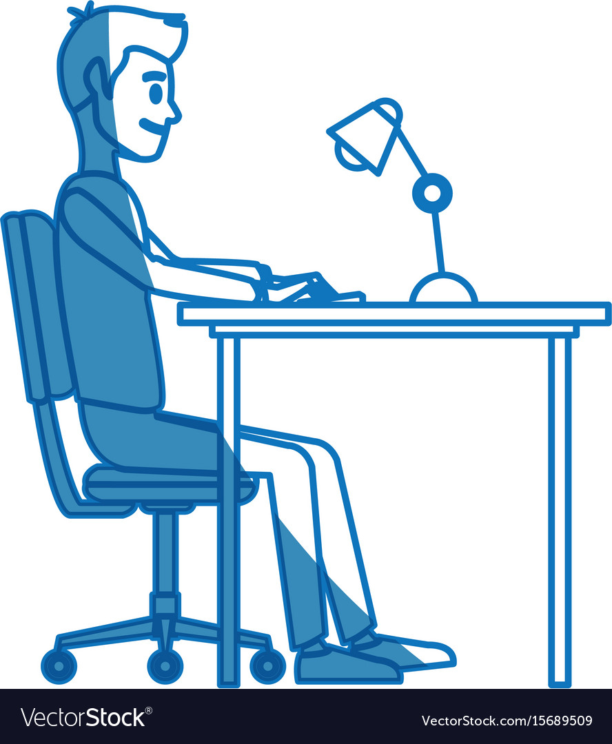Man character sitting working desk computer