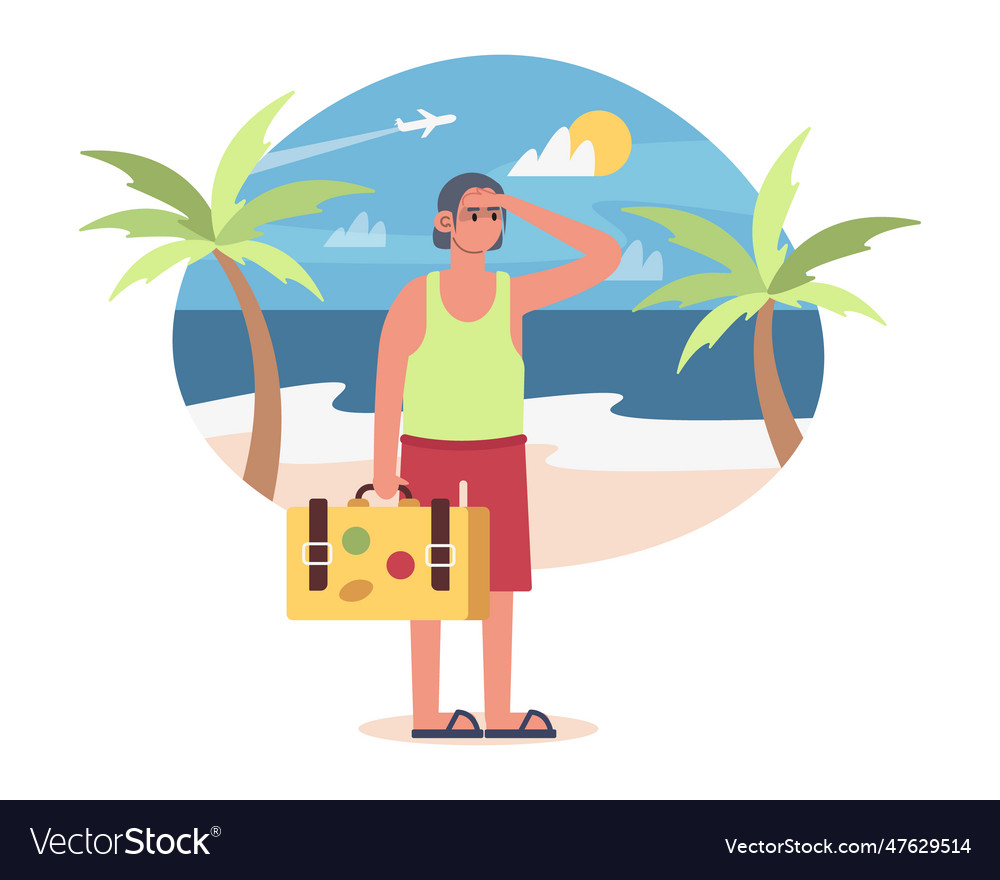 Cartoon tourist guy with suitcase looking out