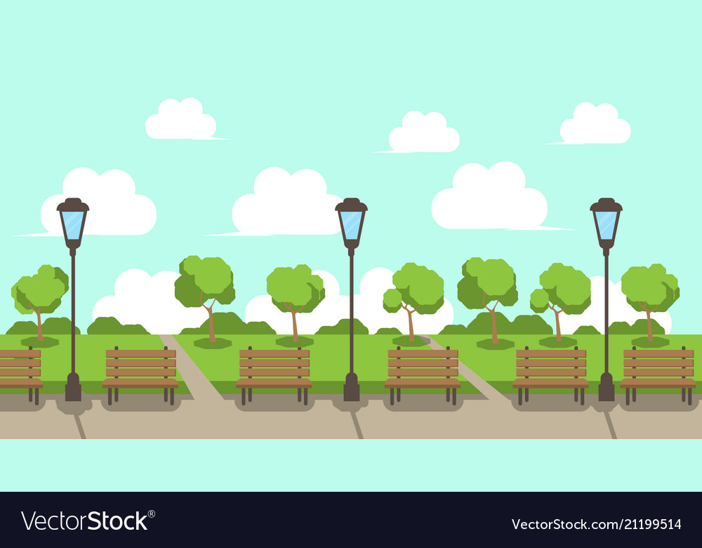 City park wooden bench street lamp green lawn