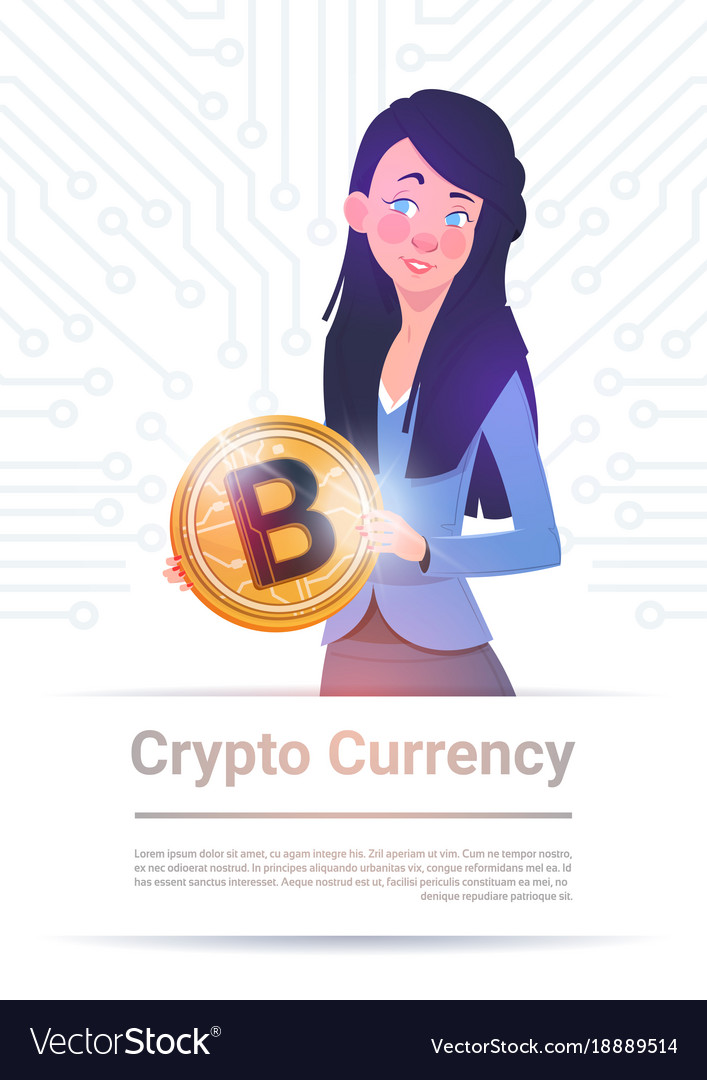 Crypto currency banner woman holding golden