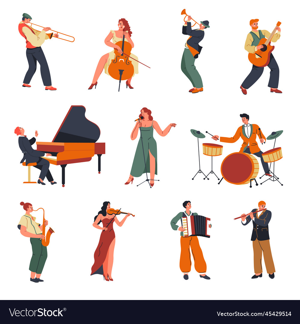 Musicians and performers with instruments Vector Image